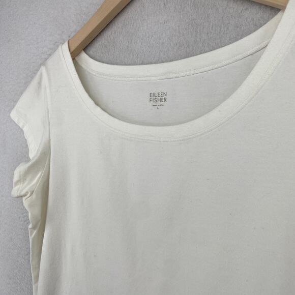EILEEN FISHER Top L Stretch Organic Cotton Scoop Neck Cap Sleeve Off White USA - Picture 2 of 10